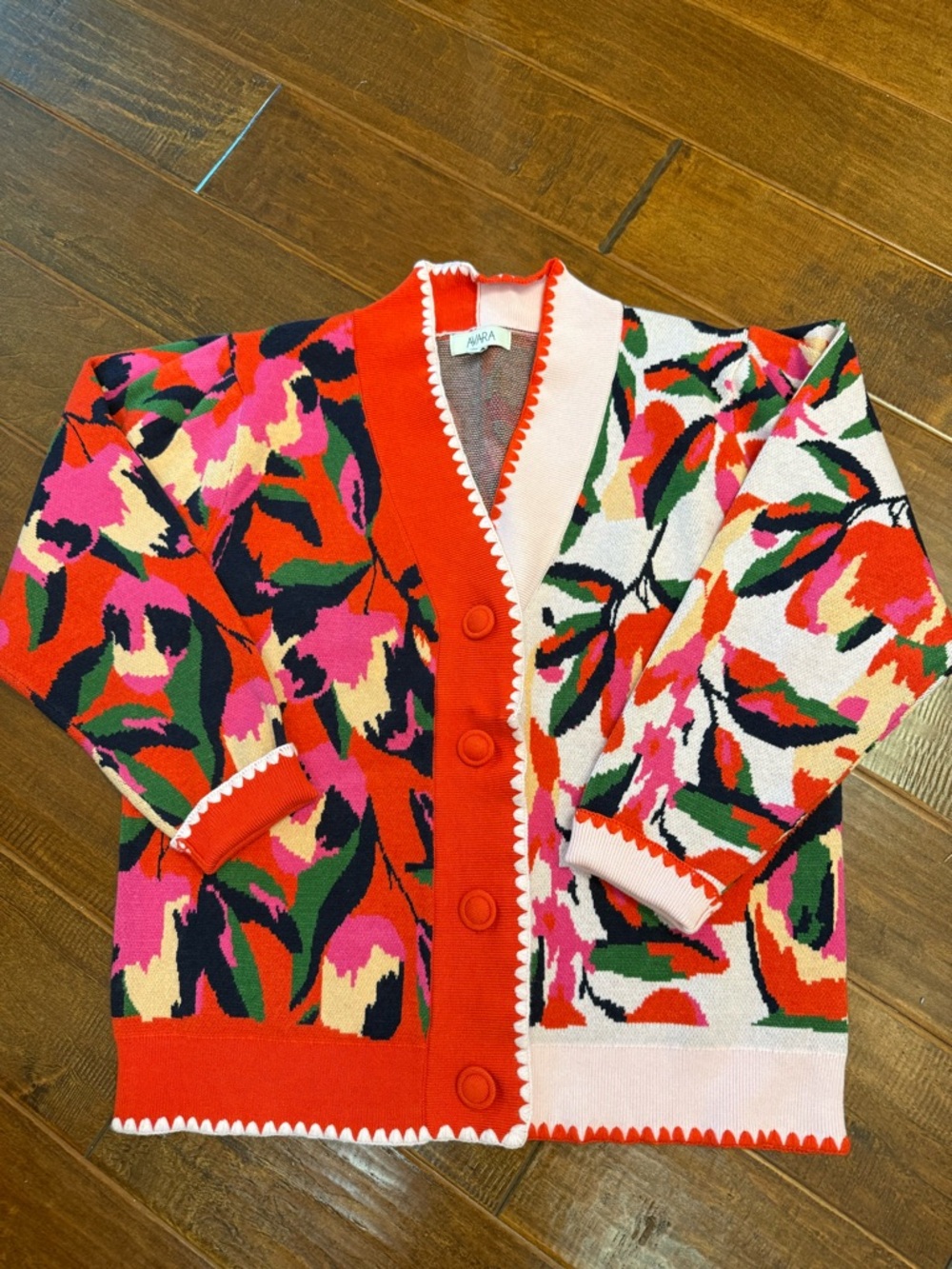 Aqua Red Pink Floral Button-Front Cardigan with Contrast Trim